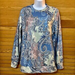 Pull on Top Multi Print Blue Tones Long Sleeve Medium Round Neck Dressy Soft